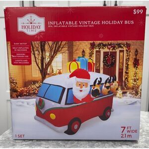 Holiday Time Inflatable Vintage Holiday Bus Santa and Reindeer 7FT WIDE NEW